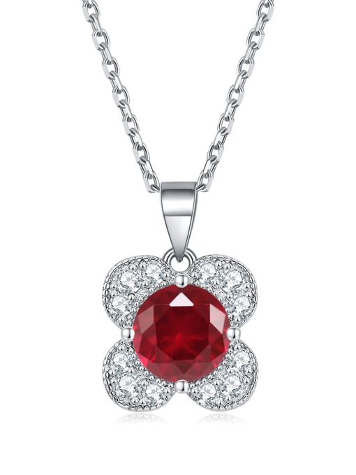 Red corundum [July] 925 Sterling Silver Birthstone Flower Dainty Necklace